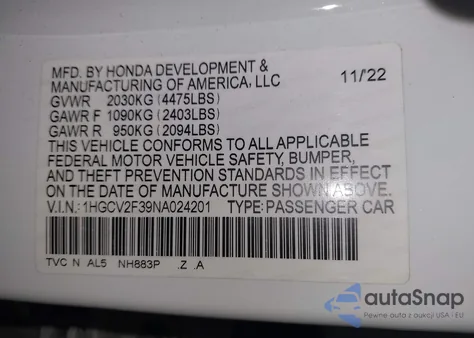 2022 Honda Accord Sport 2.0T z USA, uszkodzony, nr VIN 1HGCV2F39NA024201